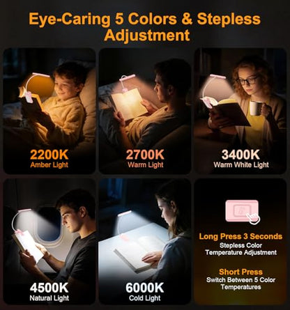 Gritin 2026 Gen 2 Book Light for Reading- 32 Eye Caring Full Spectrum LED | 5 Colors & 5 Brightness, Adjustable Wide/Narrow Beam, Upgrade 1500mAh Long-Lasting Rechargeable Clip on Light-Pink - color: Pink