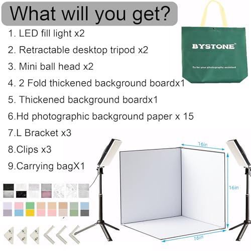 BYSTONE 16 x 16 in Photo Light Box for Product Photography, Portable Photo Studio Kit with 288 LEDs, CRI 95+ Dimmable Lighting and 15 HD Backdrops for Food Jewelry Cosmetics