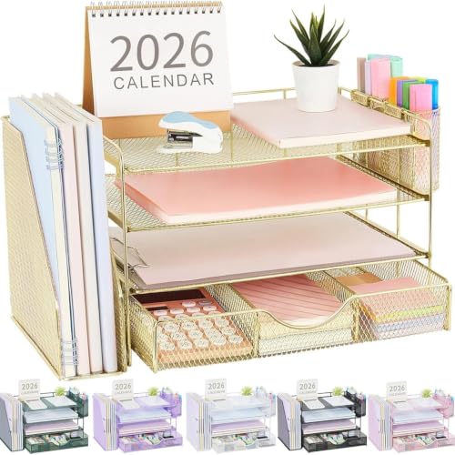 gianotter Desk Organizers and Accessories with File Holder, 4-Tier Desk Accessories & Workspace Organizers with Drawer and 2 Pen Holder, Paper Organizer for Office Supplies(Gold) - color: Gold