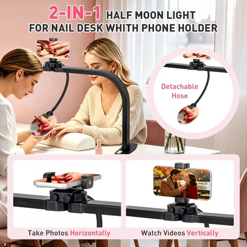 HITTI LED Half Moon Nail Desk Lamp, 30" Foldable Arch Light with 5X Magnifier & Phone Holder for Manicure, Handicraft, Art, Eyelash Extensions - Adjustable Brightness, 3 Color Modes, Home & Salon - color: Black