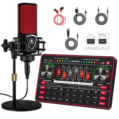 Podcast Microphone Bundle with Live Sound Board Audio Mixer, Podcast Equipment Bundle with 3.5mm Condenser Microphone for Pc/Phone Live Streaming Singing Gaming, Soundboard with Voice Changer, Denoise