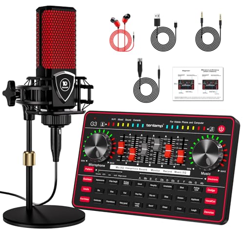 Podcast Microphone Bundle with Live Sound Board Audio Mixer, Podcast Equipment Bundle with 3.5mm Condenser Microphone for Pc/Phone Live Streaming Singing Gaming, Soundboard with Voice Changer, Denoise