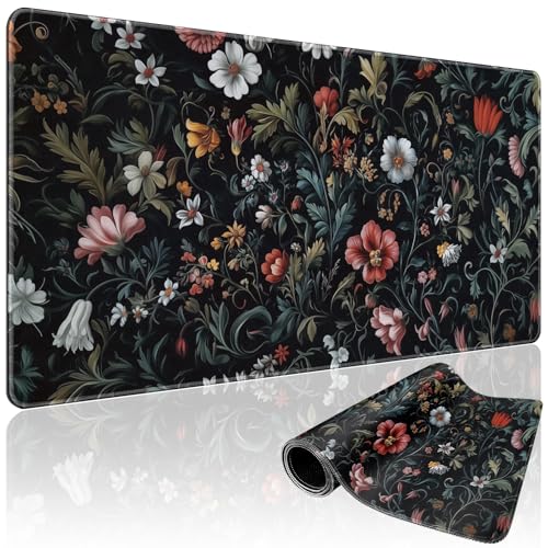 Dark Floral Pattern Large Gaming Mouse Pad 31.5"x15.7"｜XXL Desk Mat, Non-Slip Rubber Base & Stitched Edges - Extended Waterproof Mousepad for PC/Laptop/Office/Home Decor - color: Dark Floral Pattern