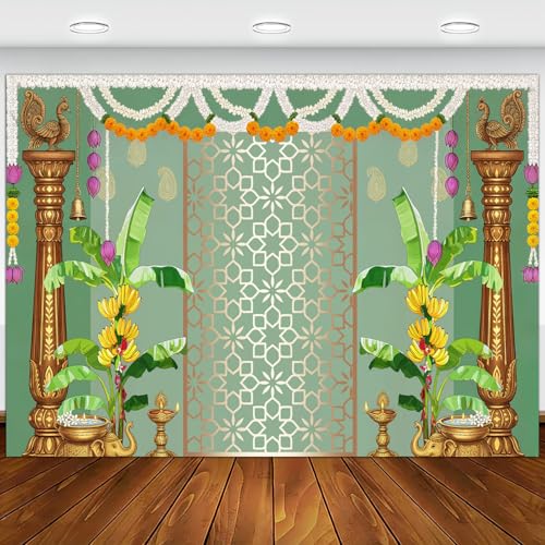 India Pooja Backdrop Decorations, Traditional Banana Leaf Marigold Garland Photography Background for India Wedding, Haldi, Mehendi, Diwali, Housewarming, Festival Decoration Wall Decor Props 7X5FT - color: Green-A, size: 7 X 5 Ft