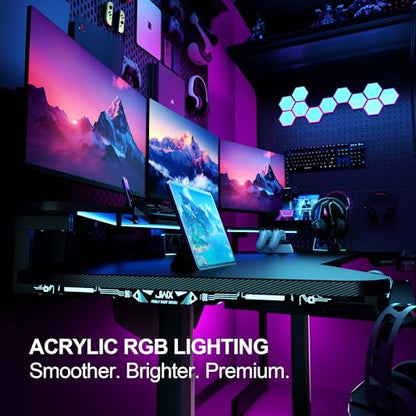 JWX Dual Motor Standing Gaming Desk with Aluminum Alloy Led Lights, 72'' Wing Shaped Large Gaming Studio Music Desk with Slot Design Shelves, for Streamer, Social Media Influencer & Music Recording - size: Wing Shaped-Black