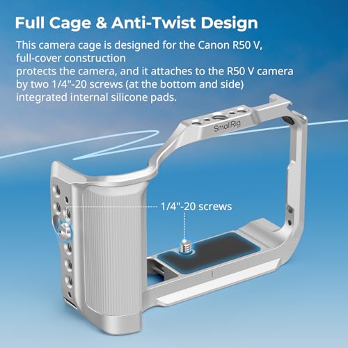 SmallRig R50 V Camera Cage for Canon R50V, Built-in Ergonomic Silicone Grip, QR Plate for Arca, 1/4"-20 Threaded Hole, 3/8"-16 Holes for ARRI, Cold Shoe, QD Sockets, Vertical Shooting(Silver)-5428 - color: Silver