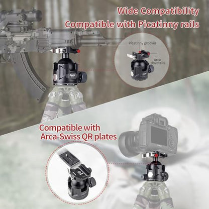 Aluminum Ball Head for Shooting Tripod 360° Panoramic Ball Head for DSLR Camera Compatible with Arca Swiss and Picatinny Maximum Load Capacity of 55lbs for Hunting and Photography (44mm) - size: 44mm