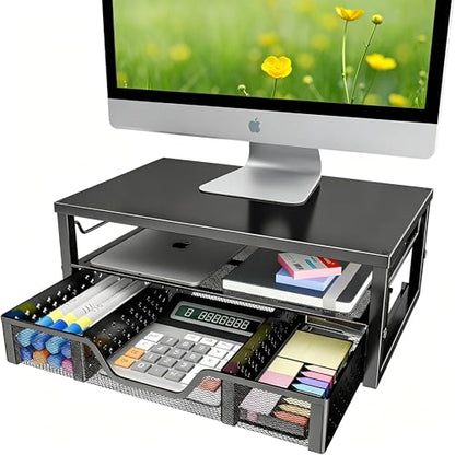 Simple Trending Desk Organizer and Accessories, 2-Tier Computer Monitor Stand Riser with Drawer, Office Desk Accessories & Workspace, Laptop & Printer Stand for Desktop, Black - size: 16.34"W x 10.35"D x 3.5"H