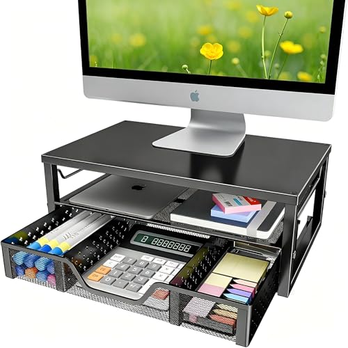 Simple Trending Desk Organizer and Accessories, 2-Tier Computer Monitor Stand Riser with Drawer, Office Desk Accessories & Workspace, Laptop & Printer Stand for Desktop, Black - size: 16.34"W x 10.35"D x 3.5"H