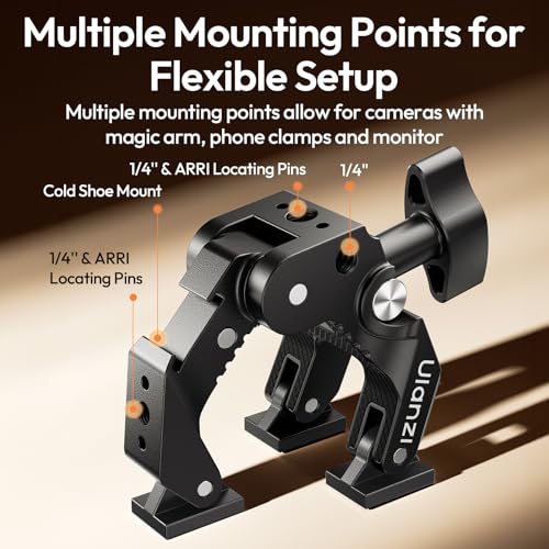 ULANZI CO78 Super Clamp Mount, 3-Jaw Y-Shape Super Clamp with Cold Shoe & 1/4"-20 Threads,ARRI Pins, Heavy Duty Camera Rig Mount for Monitors, LED Lights, Action Cameras, Desktop Rig, Load - Black