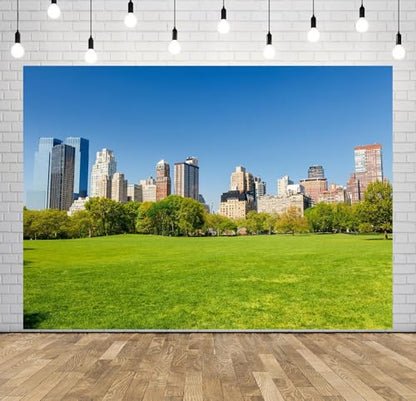 20x10ft New York City Central Park Backdrop Green Grass Land City View Photography Background Blue Sky Sunny Day Garden Grass Backdrop for Holiday Birthday Party Wedding Portrait Prop - size: 20x10FT