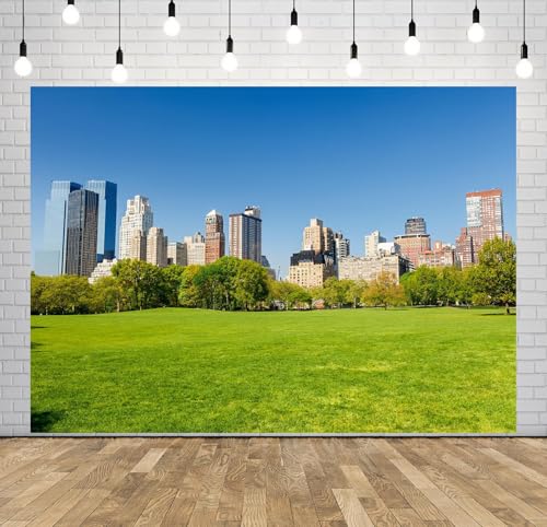 15x10ft New York City Central Park Backdrop Green Grass Land City View Photography Background Blue Sky Sunny Day Garden Grass Backdrop for Holiday Birthday Party Wedding Portrait Prop - size: 15x10FT