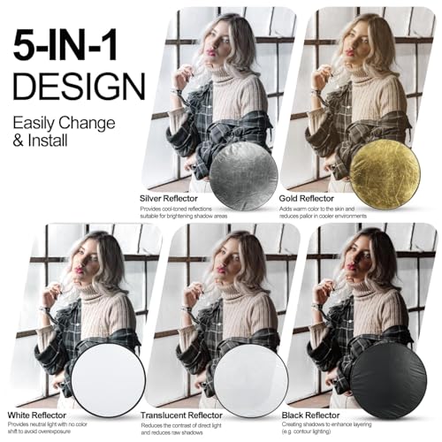 EMART 24'' (60cm) 5 in 1 Photo Collapsible Photography Reflector with Bag - Portable Camera Panel for Studio Video,Outdoor Lighting, Indoor Shooting, Portraint -Translucent, White, Silver, Gold, Black