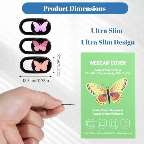 3 Pack Webcam Cover Slide Butterfly Ultra Thin Laptop Camera Cover, Slide Cute Accessories for Laptop PC Camera Covers Sliding Protect Privacy Protector Cap Smartphone Computer Tablet
