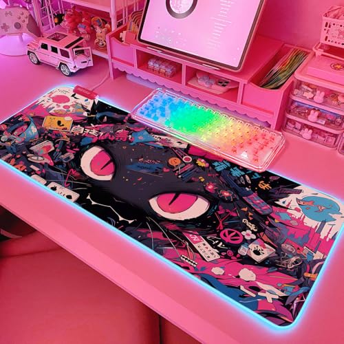 JMIYAV Pink RGB Gaming Mouse Pad 31.5x12 Inch PC XL Large Extended Glowing Led Light Up Desk Pad Non-Slip Rubber Base Computer Cute Mousepad Mat Desk Accessories Gaming Setup 763 - color: Midnight Eyes