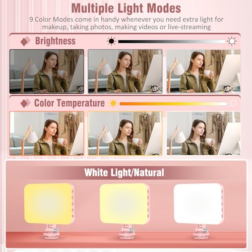 ALTSON 60 LED Portable Selfie Light Video Conference Lighting with Clip & Camera Tripod Adapter Rechargeable 2200mAh CRI 97+, 9 Light Modes for Phone iPhone Webcam Laptop Photo Makeup - color: Pink