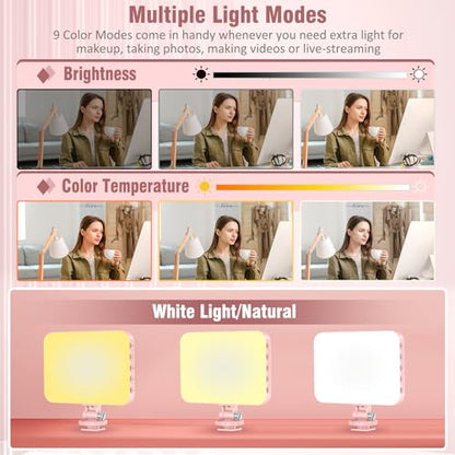 ALTSON 60 LED Portable Selfie Light Video Conference Lighting with Clip & Camera Tripod Adapter Rechargeable 2200mAh CRI 97+, 9 Light Modes for Phone iPhone Webcam Laptop Photo Makeup - color: Pink