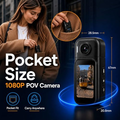 1080P Action Camera, Body Cam, POV Recorder, 128GB, Charging Case | Up to 6H with charging case; waterproof case, magnetic pendant and back clip for travel,bike POV,vlogs and outdoor recording - size: H91128G
