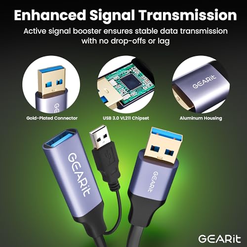 GEARit USB 3.0 Active Extension Cable (65 Feet) A-Male to A-Female USB Repeater with Signal Booster for Oculus Rift, Quest Link, Xbox 360 Kinect, PlayStation, Printer, Webcam - 65ft - size: 65 Feet