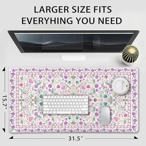 Purple Floral Desk Mat, 31.5"x15.7" Large Mouse Pad, Anti-Slip Rubber Base Keyboard Pad with Stitched Edges, Water-Resistant Smooth Desk Blotter, Computer Mat for Home Office Desk - color: Purple Floral
