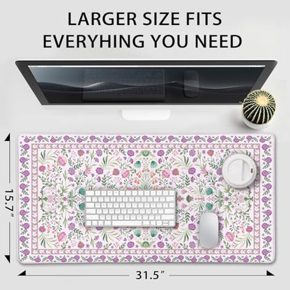 Purple Floral Desk Mat, 31.5"x15.7" Large Mouse Pad, Anti-Slip Rubber Base Keyboard Pad with Stitched Edges, Water-Resistant Smooth Desk Blotter, Computer Mat for Home Office Desk - color: Purple Floral