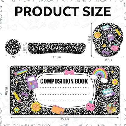Kingdder Composition Book Teacher Desk Mat Mouse Pad Set Include Large Desk Mat Pad with Wrist Rest Mouse Support, Keyboard Wrist Rest Coaster Back to School Classroom Teacher Appreciation Gift - style: Composition Book