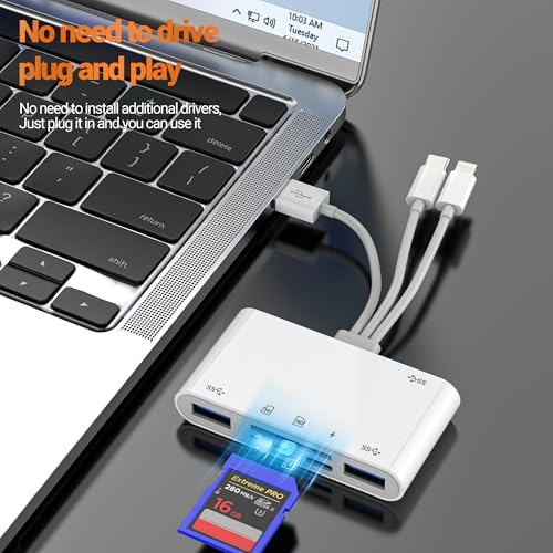 SD Card Reader (6in1) USB Lightning USB C to OTG TF Charger Female Adapter for iPhone 17 16 15 14 13 Pro Max Digital Camera Memory Stick Transfer Android Hub for Ipad Compatible with Samsung