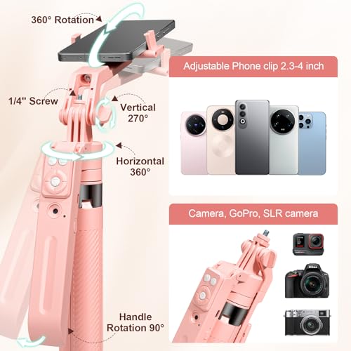 70.9" Auto Face Tracking Selfie Stick Tripod for iPhone with Light, 360° Rotation & Gesture Control, Cell Phone Tripod with Remote for TikTok/Vlog/Live Stream, Compatible with iPhone/Android - color: Pink with 4 Accessories