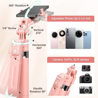 70.9" Auto Face Tracking Selfie Stick Tripod for iPhone with Light, 360° Rotation & Gesture Control, Cell Phone Tripod with Remote for TikTok/Vlog/Live Stream, Compatible with iPhone/Android - color: Pink with 4 Accessories