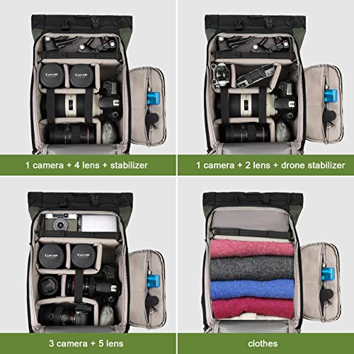 Besnfoto Camera Backpack for Photographer DSLR SLR Waterproof Camera Bag with Laptop Compartment Tripod Holder Roll Top Photographer Case for Hiking Traveling - color: Green