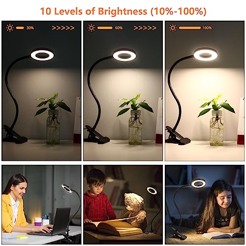 Woputne Desk Clip on Lamp for Reading Home Office, with 5V 2A Adapter, 10 Dimmable Brightness 3 Modes, Clamp Reading Light for Bed Headboard, Craft (Black)… - size: Black-1 Piece-Standard-With Adapter