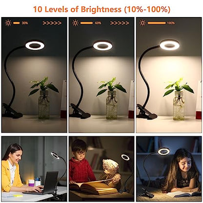 Woputne Desk Clip on Lamp for Reading Home Office, with 5V 2A Adapter, 10 Dimmable Brightness 3 Modes, Clamp Reading Light for Bed Headboard, Craft (Black)… - size: Black-1 Piece-Standard-With Adapter