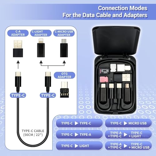 Kiorafoto Multi-Functional Compact Cable Card with 22" USB-C Cable & USB-A/Micro-USB/Light/OTG USB Adapter Kit Cable Convertor Storage Box for Traveling Phone Pad Charging PC Computer Data Transfer