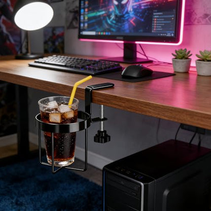 MYITYARD Desk Cup Holder Clamp, Anti-Spill Clip On Table Cup Holder, Rotatable Water Bottle Stand Drink Coffee Mug Storage, Office Accessories for Home and School (Black) - color: Simple Line Desk Cup Holder
