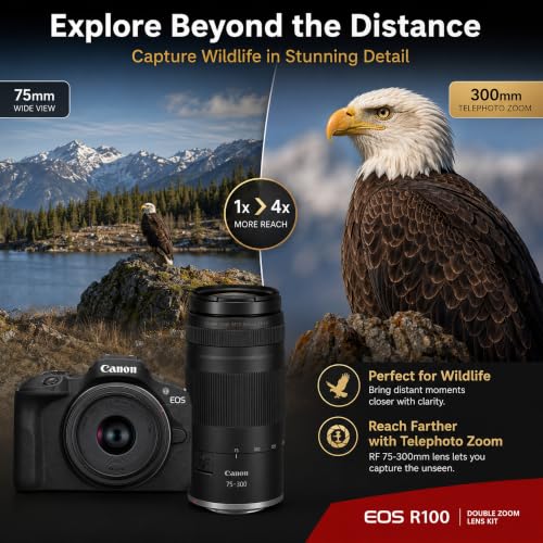 Canon EOS R100 Mirrorless Camera Double Zoom 2 Lens Kit RF-S 18-45mm and RF 75-300mm 6052C111 Bundle with Double Battery, Memory Card, Deluxe Case and Mini Tripod & Accessories - color: Charcoal