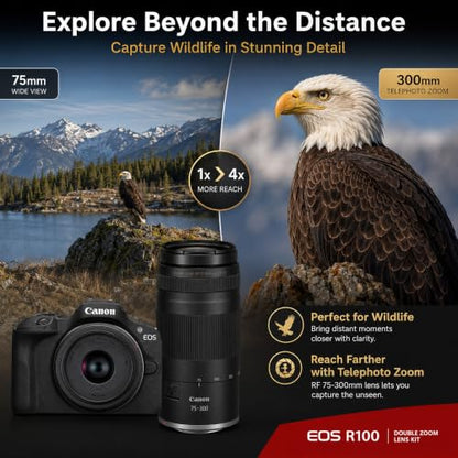 Canon EOS R100 Mirrorless Camera Double Zoom 2 Lens Kit RF-S 18-45mm and RF 75-300mm 6052C111 Bundle with Double Battery, Memory Card, Deluxe Case and Mini Tripod & Accessories - color: Charcoal