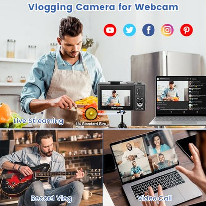 4K Digital Camera for Photography, 64MP HD WiFi Vlogging Camera for YouTube with 3" 180°Flip Screen, 18X Digital Zoom,Autofocus Compact Camera with Flash,32GB TF Card & 2 Batteries(Black) - color: Black