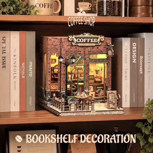 Book Nook Kit DIY Miniature House with LED Lights, 3D Wooden Puzzle Coffee Shop Bookshelf Insert for Adults, Double Door Mini Dollhouse Building Kit, Creative Home Decor Gift for Women & Men - style: Coffee Shop