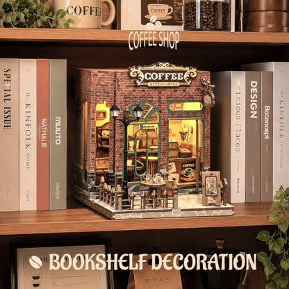 Book Nook Kit DIY Miniature House with LED Lights, 3D Wooden Puzzle Coffee Shop Bookshelf Insert for Adults, Double Door Mini Dollhouse Building Kit, Creative Home Decor Gift for Women & Men - style: Coffee Shop