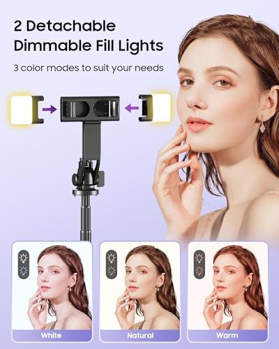 53'' Selfie Stick Tripod with Light, Enhanced 4-Leg Cell Phone Stand Camera Tripod with Rechargeable Wireless Remote & 2 Fill Light, Portable Selfie Stick Travel Essentials for iPhone Android - color: Black A