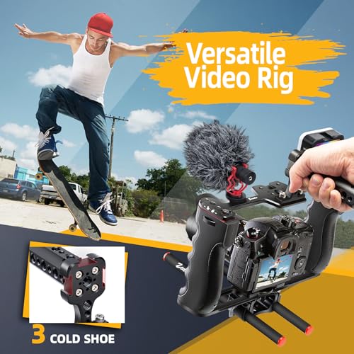 Zeadio All-in-One Video Rig Kit, Aluminum Handheld Camera Cage with RGB Video Light, Microphone, Top Handle,15mm Rod Guide, Extension Rods & Carrying Case for Filmmaking Vlogging Recording etc - style: Pro Kit