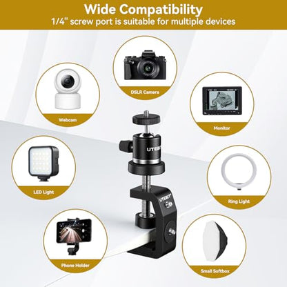 UTEBIT 40mm C-Clamp Camera Mount with Mini Ball Head, Black | 1/4 Thread Hole Metal Clamp with 360° Swivel Ballhead Camera Mount 1/4 Hot Shoe Adapter for Camera Desk Bicycle Woodworking - size: 40mm