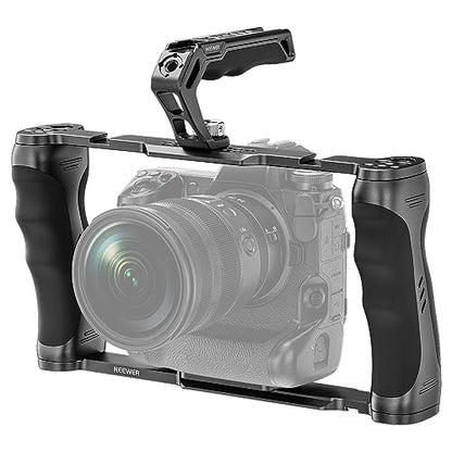 NEEWER Universal Camera Cage & Top Handle with 3/8" ARRI Locating Pins Kit, Video Rig Camera Stabilizer with Arca Type Base, Dual Handgrips, Compatible with SmallRig Accessories, CA016T - style: CA016T