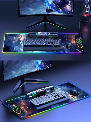 TopMade Wireless Charging Mouse Pad, RGB Gaming Mousepad, 35.4" x 15.8" Extra Large Waterproof Keyboard Desk Pad, Computer Desk Mat, Blue Nebula (Includes 20W PD Power Adapter & 6.56ft Woven Cable) - color: RGB-Blue Nebula-35.4"x15.8"-with Adapter