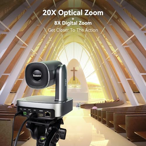 Tenveo 4K PTZ Camera, AI Humanoid & Face Auto-Tracking, 20X Optical + 8X Digital Zoom, USB3.0/HDMI/LAN PoE IP Live Streaming for Church Worship Broadcast Events Video Conference YouTube OBS - color: Silver