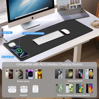 Mouse Pad with Wireless Charging, Gaming Mouse Pad with Ultra-Smooth Surface, Large XXL Desk Mat, Non-Slip Mouse Mat, Waterproof Computer Keyboard Pad for Gaming, Desk, Office, PC, 800x300x4MM, Black - color: Black - 31.5"x11.8"