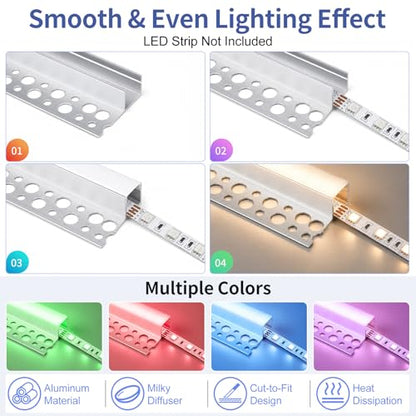 Plaster-in LED Channel 10 Pack, 3.3FT/1M Trimless Recessed LED Aluminum Profile with Milky Diffuser, Single-Sided Drywall LED Strip Diffuser Channel for Ceiling & Wall Lighting - size: Single-Sided-10 Pack