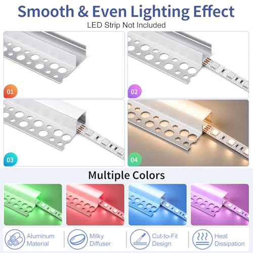 Plaster-in LED Aluminum Channel, 3.3FT/1M 6 Pack LED Light Strip Diffuser Channel with Milky Diffuser, Trimless Recessed Single-Sided Drywall Aluminum LED Profile for Ceiling and Wall - size: Single-Sided-6 Pack