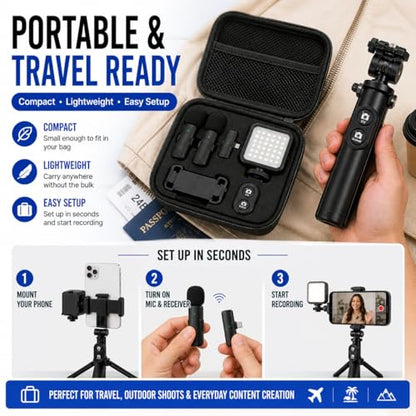 Vlogging Kit for iPhone/Android with Wireless Microphone, LED Light & Tripod – Phone Video Recording Kit for YouTube, TikTok, Streaming & Content Creators