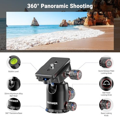 NEEWER 90 Inch Tall Overhead Horizontal Camera Tripod Monopod with Ball Head & Flexible Center Column, Metal DSLR Video Travel Stand, Arca Type QR Plate & Inverted Legs, Max Load 10 kg / 22 lbs, TP63